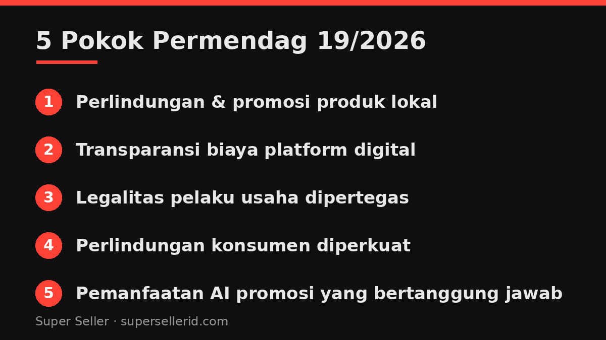 5 pokok pengaturan Permendag 19/2026: produk lokal, transparansi platform, legalitas usaha, perlindungan konsumen, dan AI bertanggung jawab