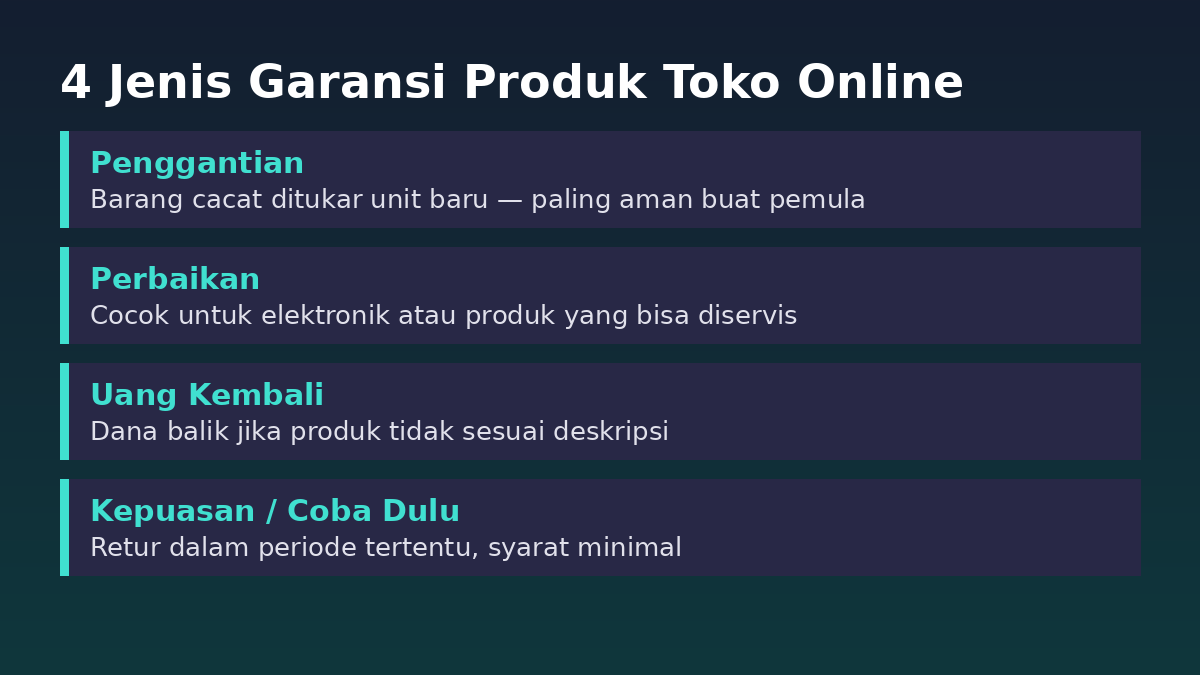 Infografik jenis garansi produk toko online dan manfaatnya untuk seller