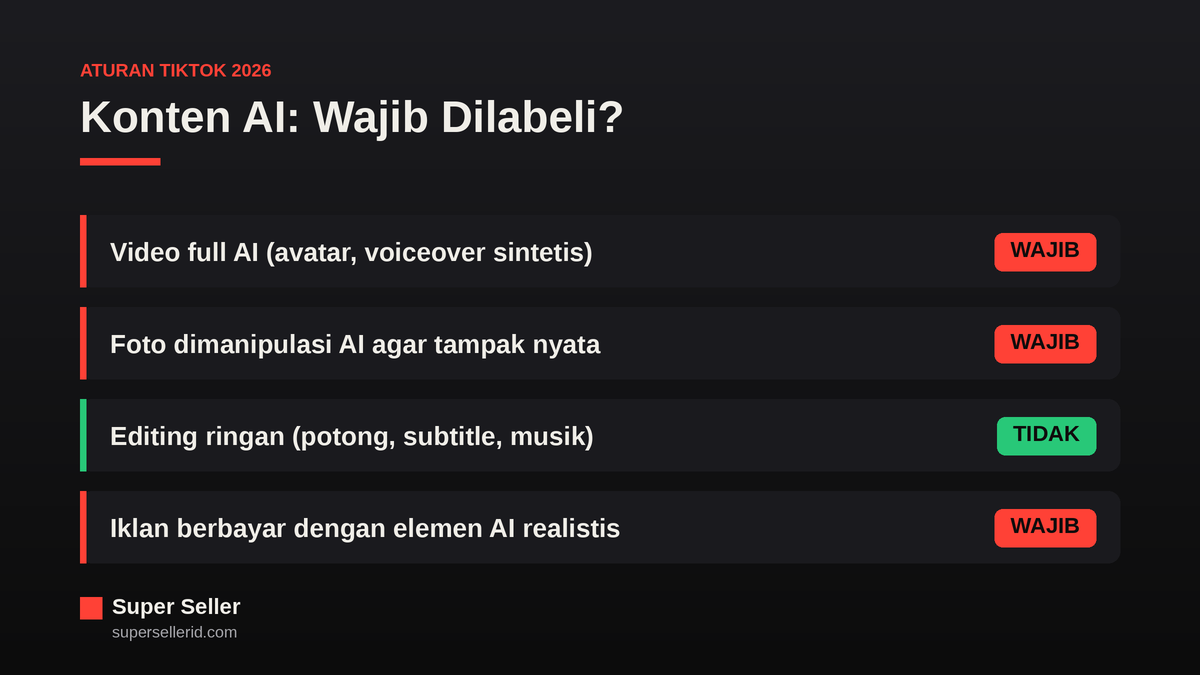 Tabel aturan konten AI TikTok Shop: jenis konten yang wajib dilabeli dan yang tidak