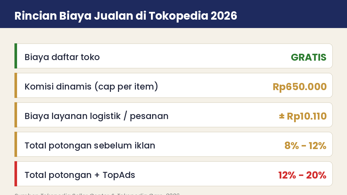 Infografik rincian biaya dan komisi jualan di Tokopedia 2026