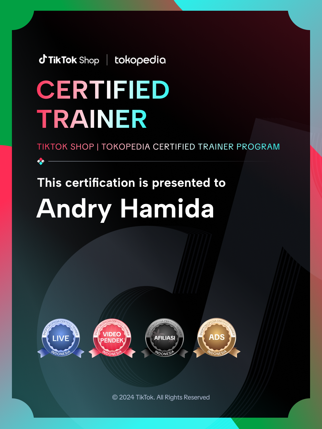 Sertifikat TikTok Shop | Tokopedia Certified Trainer Andry Hamida (Live, Video Pendek, Afiliasi, Ads)