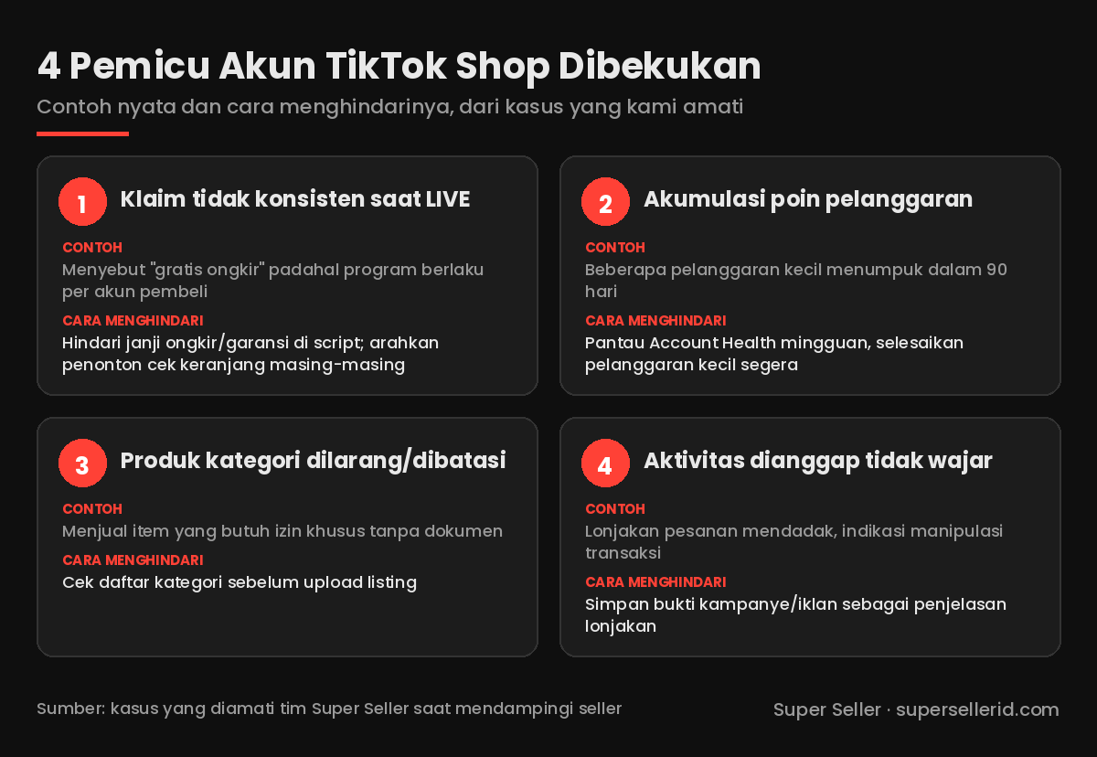Kartu 4 pemicu akun TikTok Shop dibekukan beserta contoh dan cara menghindari: klaim tidak konsisten saat LIVE, akumulasi poin pelanggaran, produk kategori dilarang, aktivitas dianggap tidak wajar