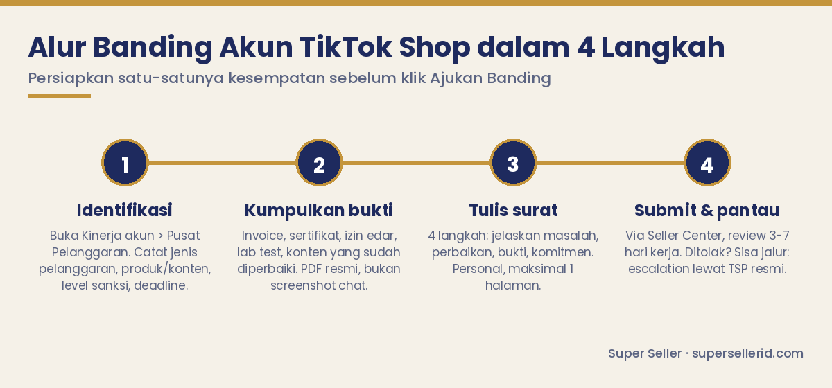 Diagram alur 4 langkah cara banding akun TikTok Shop: identifikasi jenis pelanggaran, kumpulkan bukti, tulis surat banding strategis, submit dan pantau 3-7 hari kerja
