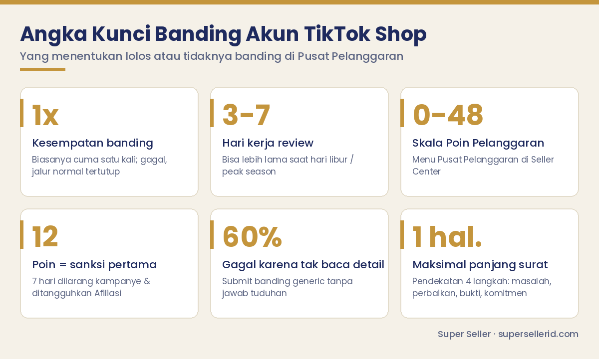 Infografis angka kunci cara banding akun TikTok Shop: 1 kali kesempatan banding, review 3-7 hari kerja, skala poin pelanggaran 0-48, sanksi mulai 12 poin, 60% gagal karena tidak baca detail, surat banding maksimal 1 halaman