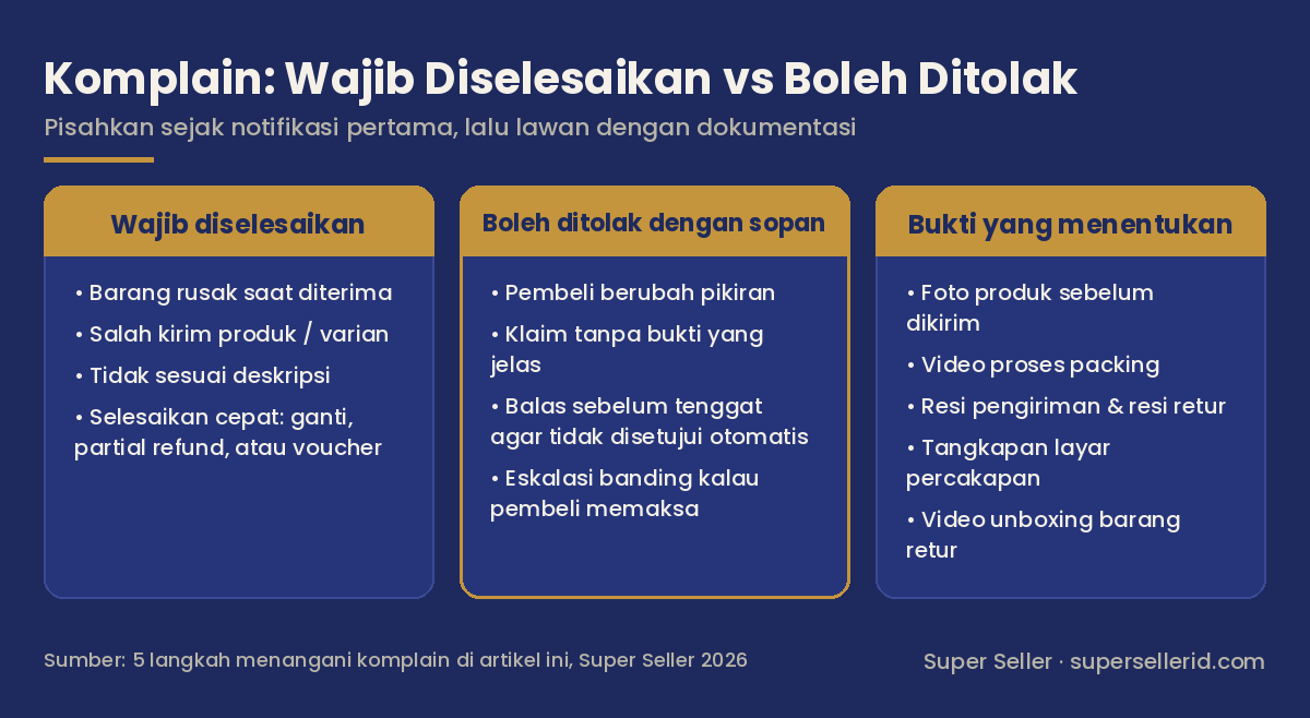 Kartu perbandingan komplain pembeli TikTok Shop yang wajib diselesaikan, yang boleh ditolak dengan sopan, dan bukti yang menentukan sengketa