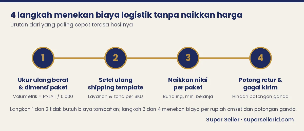Diagram alur 4 langkah menekan biaya logistik TikTok Shop: ukur ulang berat dan dimensi, setel shipping template, naikkan nilai per paket, potong retur dan gagal kirim