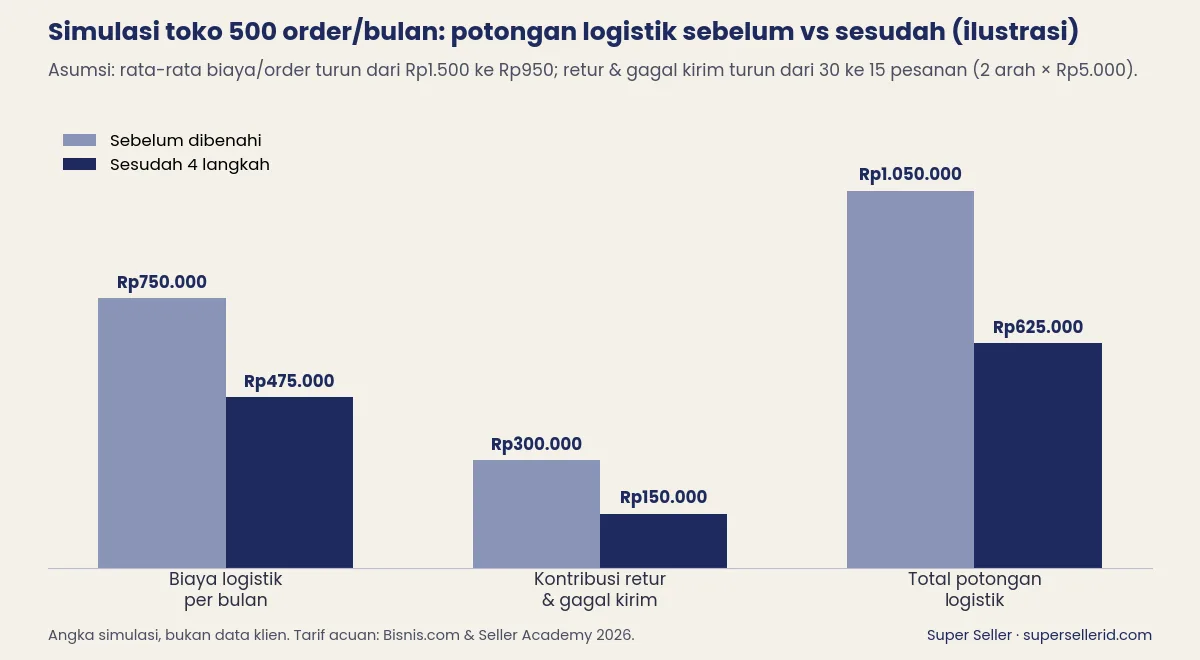 Grafik simulasi ilustrasi potongan biaya logistik TikTok Shop toko 500 order per bulan sebelum dan sesudah dibenahi