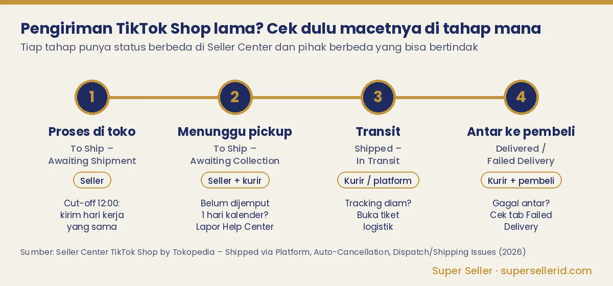 Diagram 4 tahap pengiriman TikTok Shop yang bisa bikin pengiriman lama: proses toko, menunggu pickup, transit, antar ke pembeli