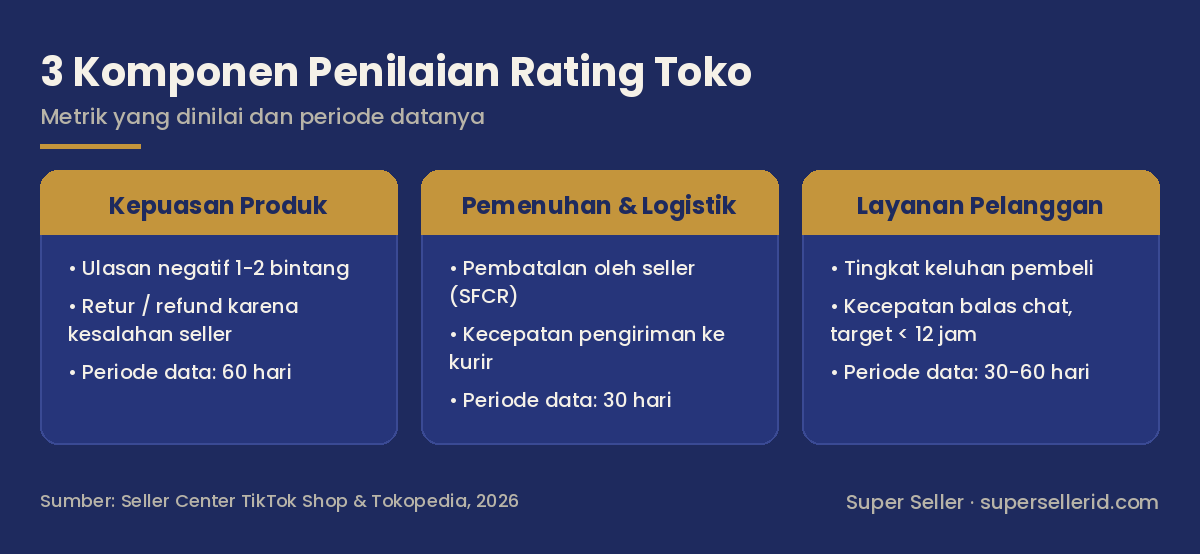 Kartu perbandingan 3 komponen rating toko TikTok Shop: Kepuasan Produk (60 hari), Pemenuhan Pesanan dan Logistik (30 hari), Layanan Pelanggan (30-60 hari)