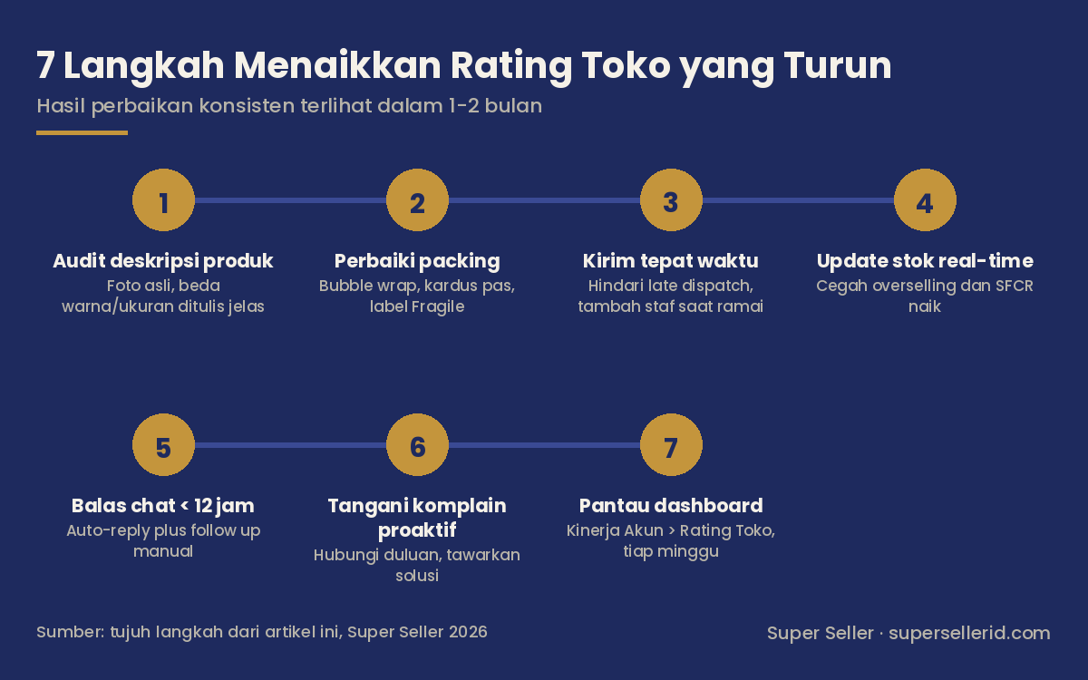 Diagram 7 langkah menaikkan rating toko TikTok Shop yang turun: audit deskripsi produk, perbaiki packing, kirim tepat waktu, update stok real-time, balas chat di bawah 12 jam, tangani komplain proaktif, pantau dashboard rating