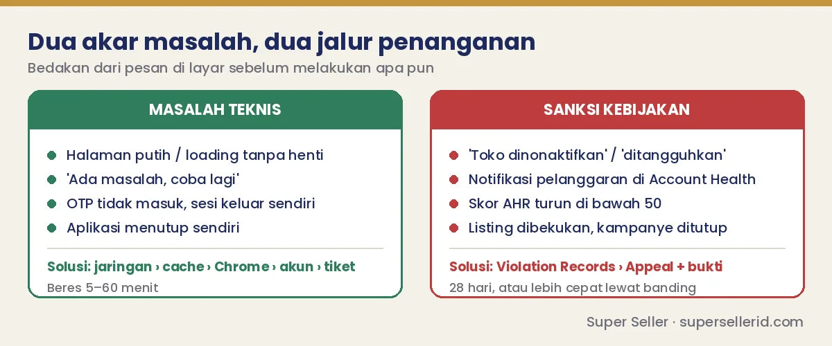 Perbandingan masalah teknis vs sanksi kebijakan saat TikTok Shop tidak bisa dibuka