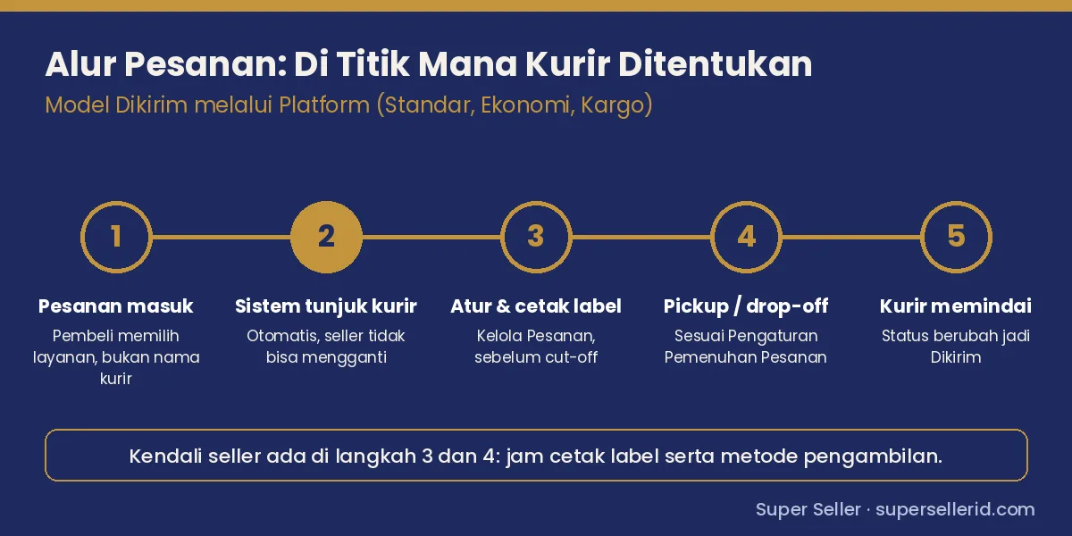 Diagram alur pesanan TikTok Shop dan titik saat sistem menunjuk kurir