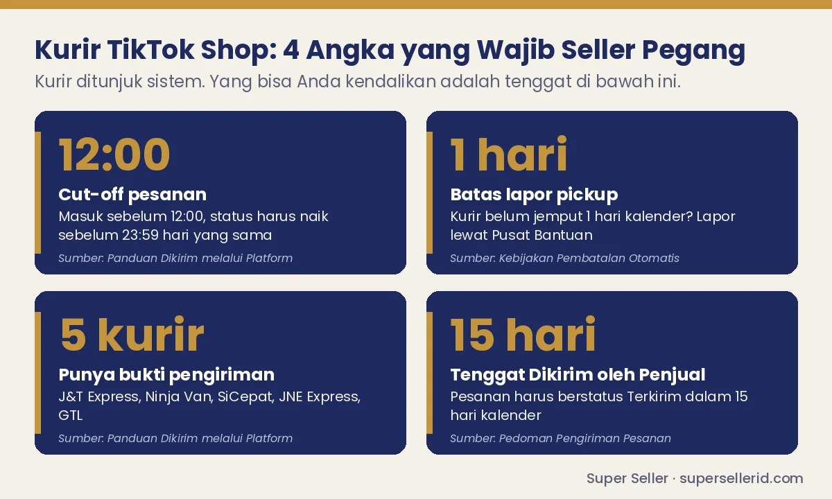 Infografis 4 angka kunci kurir TikTok Shop: cut-off 12:00, lapor pickup 1 hari, 5 kurir bukti pengiriman, 15 hari