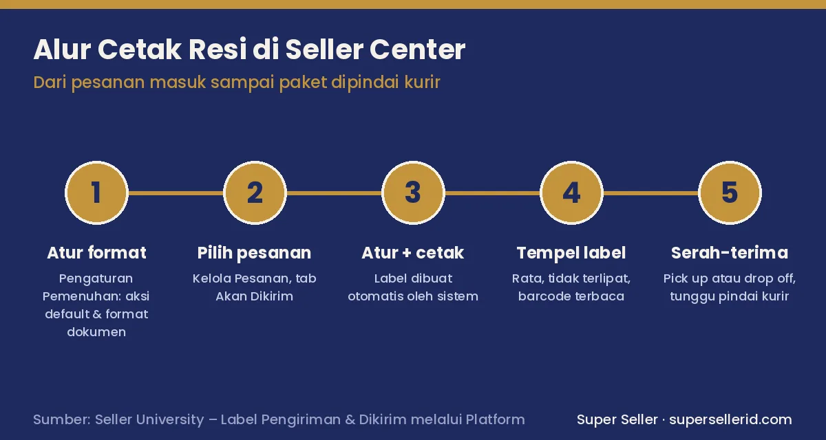 Diagram 5 langkah alur cetak resi TikTok Shop di Seller Center