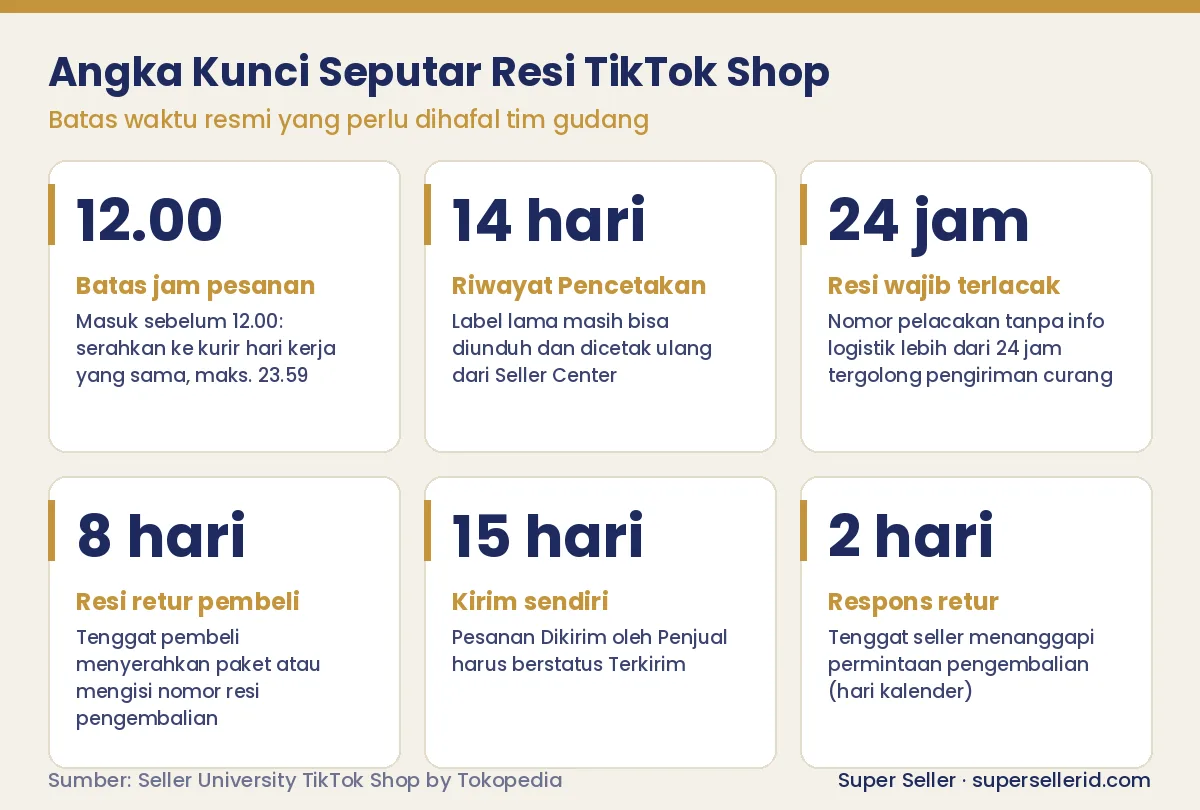 Infografis angka kunci resi TikTok Shop: cut-off 12.00, riwayat cetak 14 hari, 24 jam, 8 hari retur