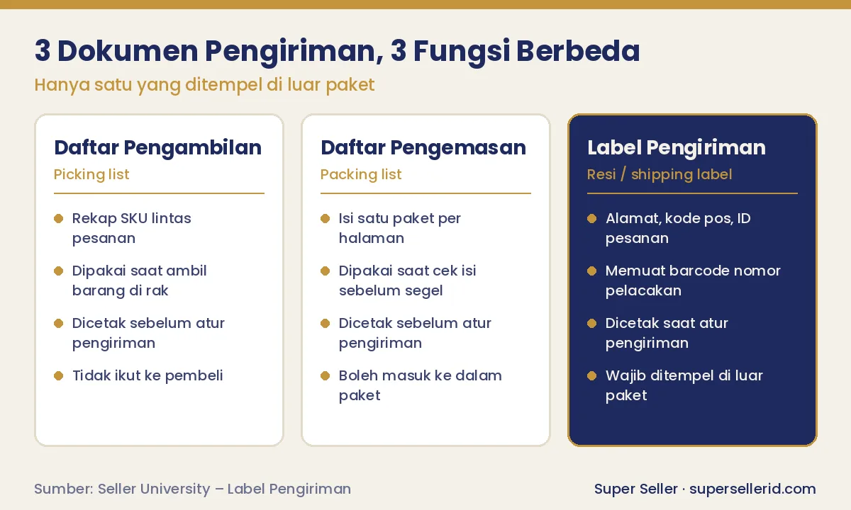 Perbandingan daftar pengambilan, daftar pengemasan, dan label pengiriman (resi TikTok Shop)