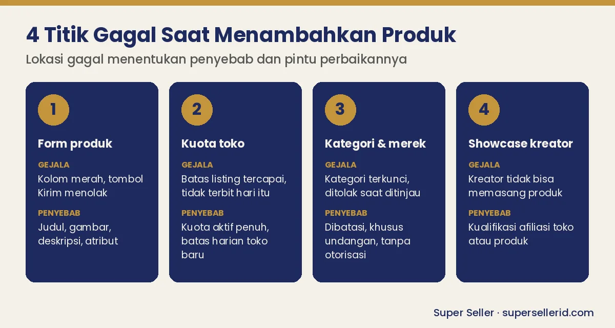 Empat titik gagal saat seller tidak bisa menambahkan produk di TikTok Shop: form, kuota toko, kategori dan merek, showcase kreator