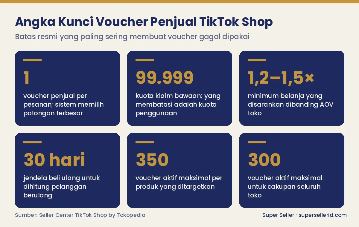 Infografis angka kunci voucher TikTok Shop: 1 voucher penjual per pesanan, kuota klaim 99.999, minimum belanja 1,2–1,5 kali AOV, dan batas 350 serta 300 voucher aktif